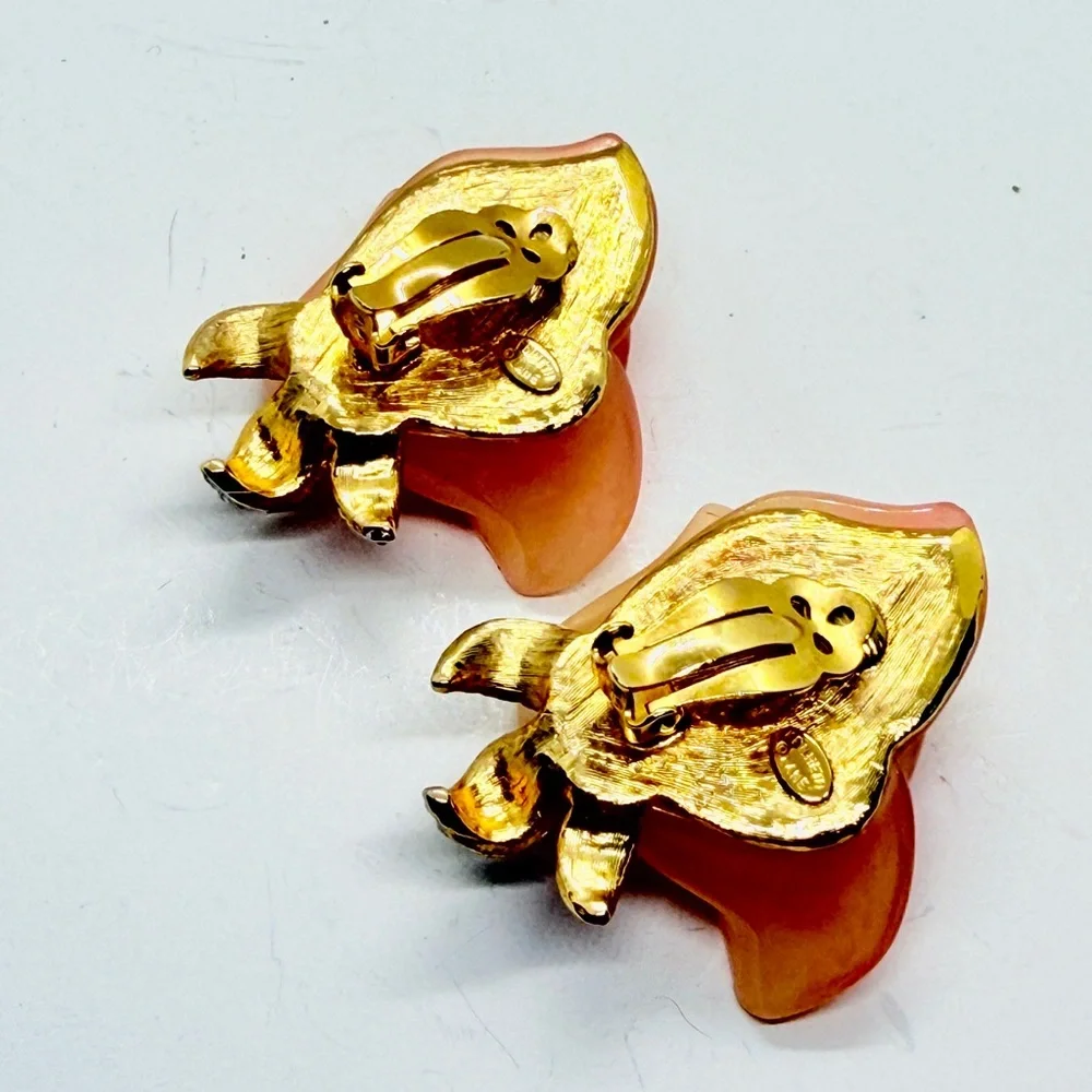 Kenneth Jay KJL Lane Peach Rose & Rhinestone Clip On Earrings Vintage 1990’s - Picture 3 of 6